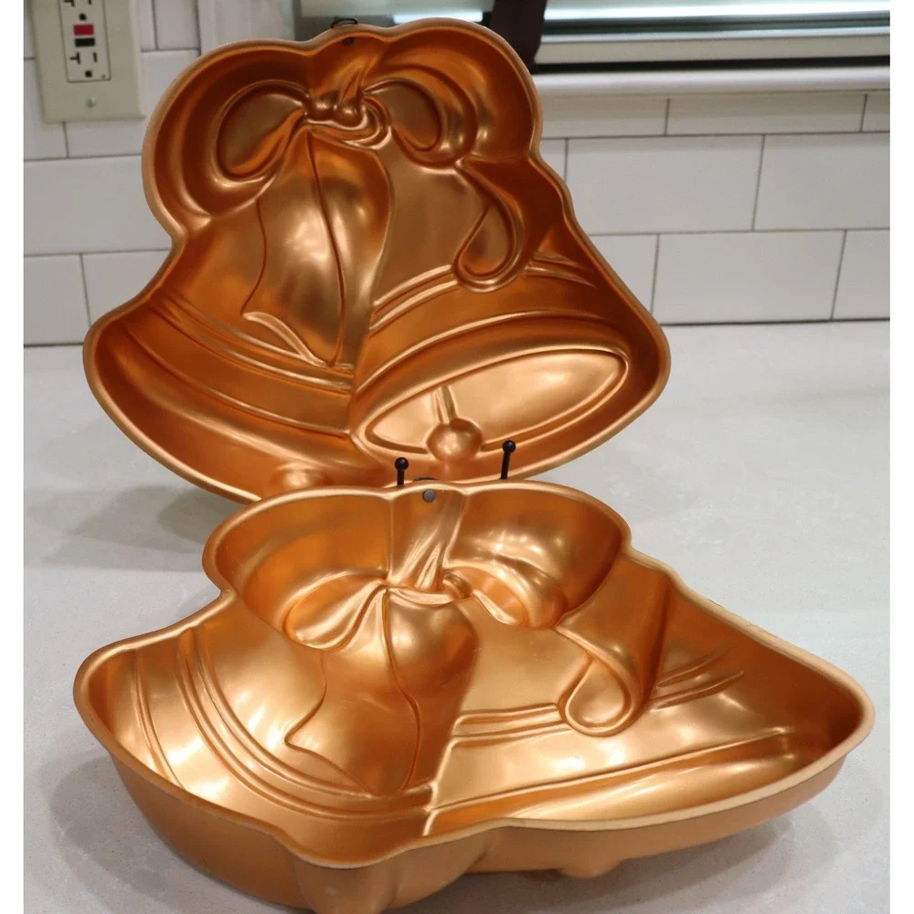 Vintage Copper Colored Aluminum Double Bell Pan Holiday Wedding Mold set/2